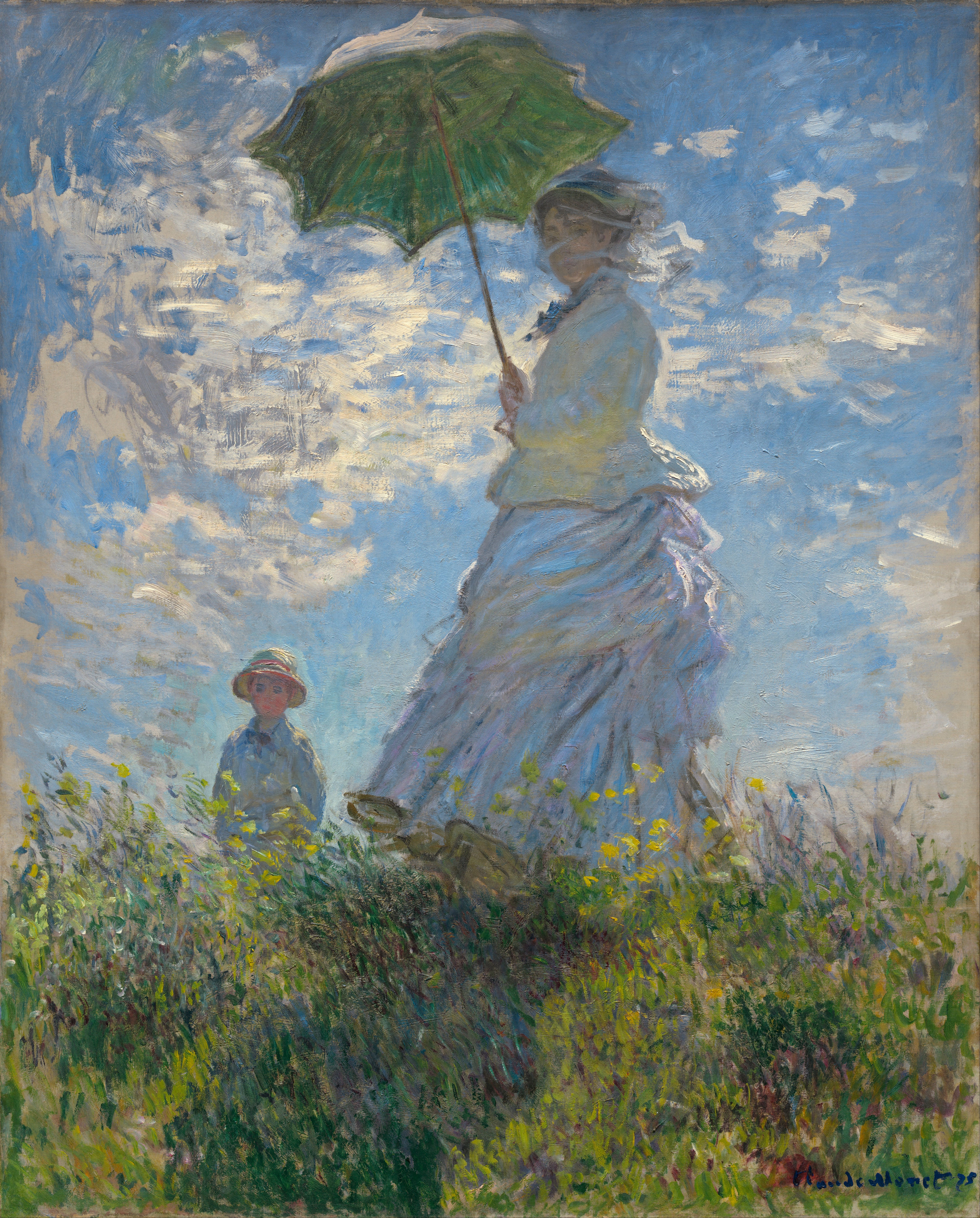 Claude Monet, Woman with a Parasol — Madame Monet and Her Son (1875): a woman in white on a grassy rise, holding a parasol against a bright, wind-blown sky.